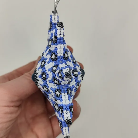 Beaded Starburst Ornament in Light Blue, White & Black - Picture 6 of 8
